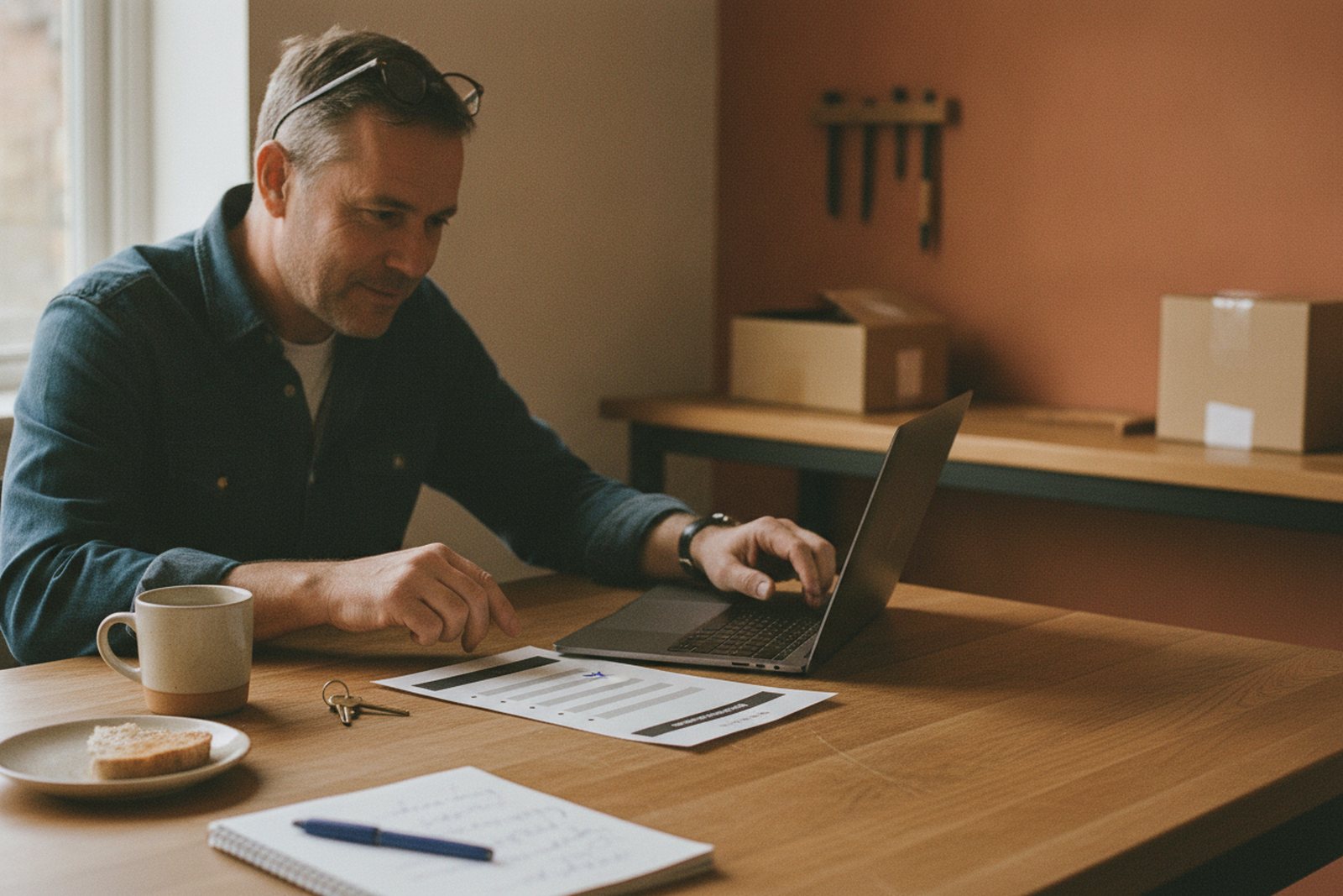 A man follows the printed guide step by step beside his laptop, at his own work table