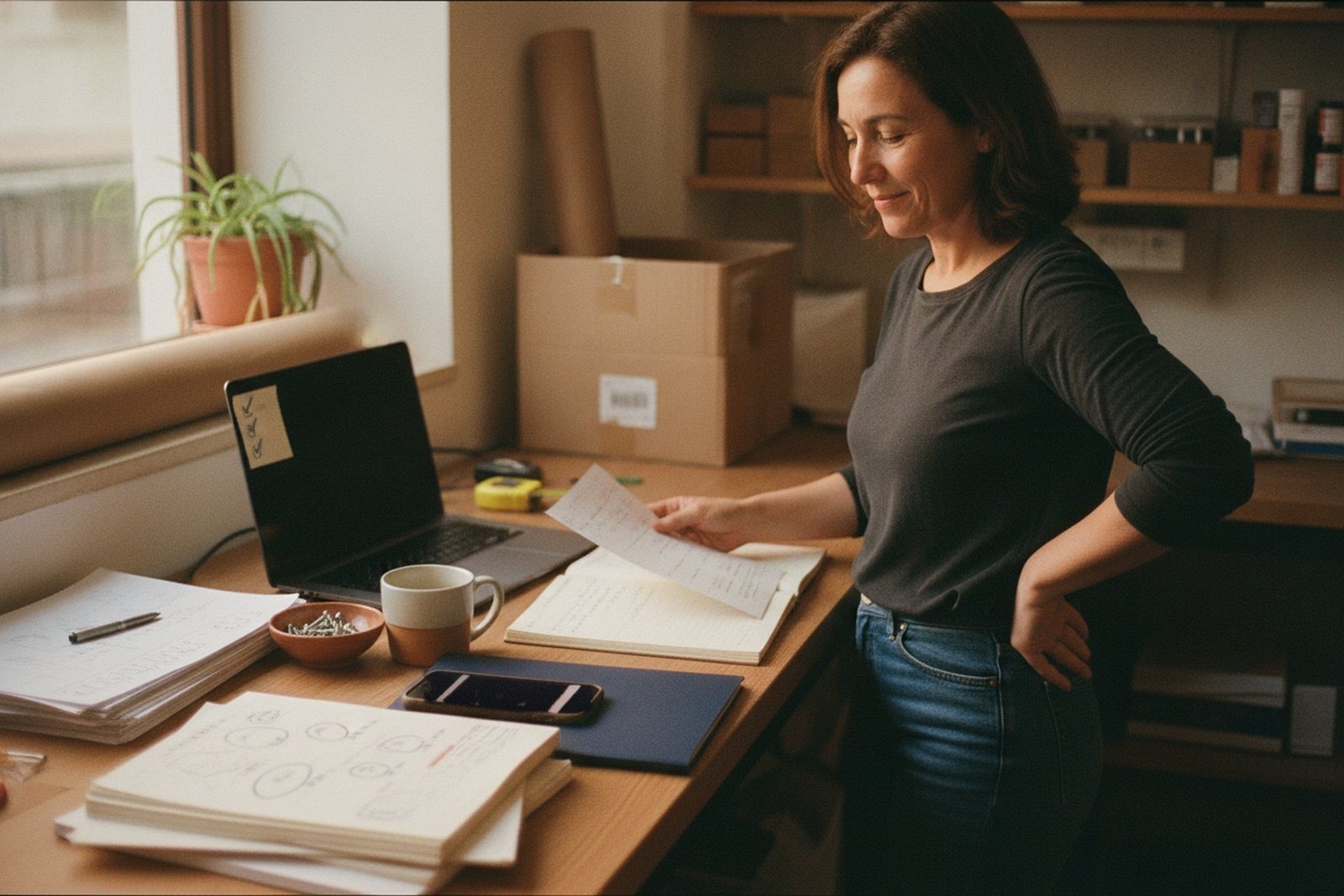 The owner of a small business checks a quote in her stockroom, a sticky note with three ticked boxes on her laptop
